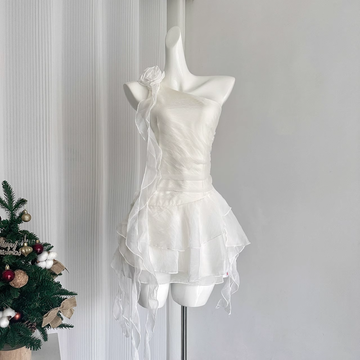 Sheath One Shoulder White Holiday Dresses Short Ruffles Birthday Outfits SD274